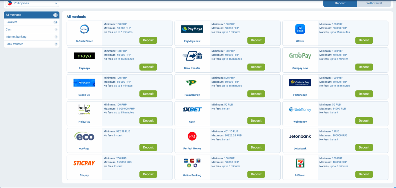 1xBet deposit methods